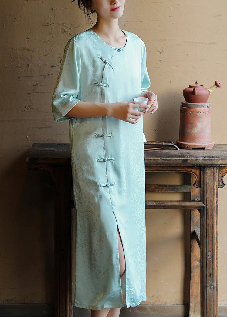 Light Green O Neck Oriental Button Silk Dress Summer