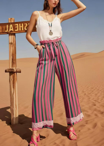 Multicolour Striped Patchwork Lace Straight Pants Summer