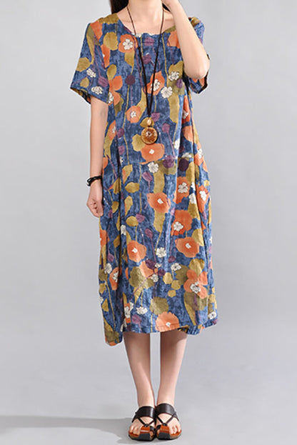 Summer Cotton Linen Dress Short Sleeve Linen Long Dress