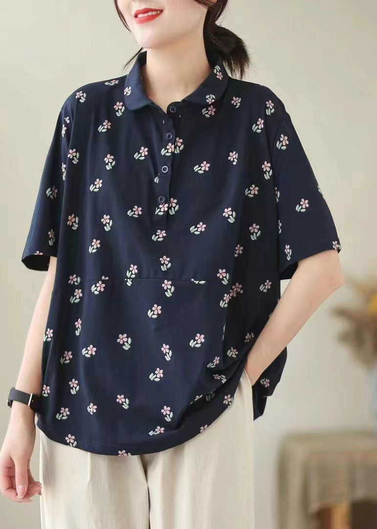 Navy Patchwork Cotton T Shirt Peter Pan Collar Summer