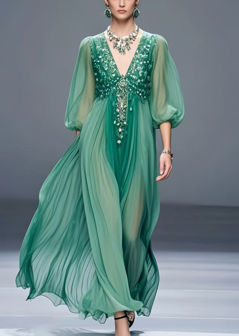 Tea Green V Neck Chiffon Holiday Dress Bracelet Sleeve