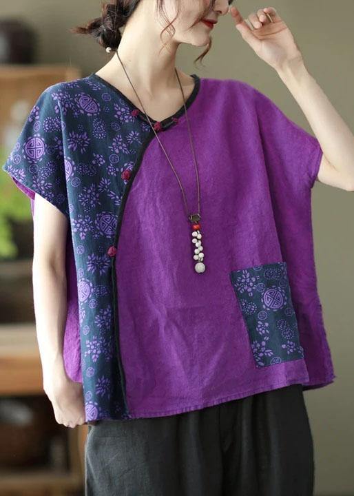Linen Purple Stitching Short Sleeve T-shirt