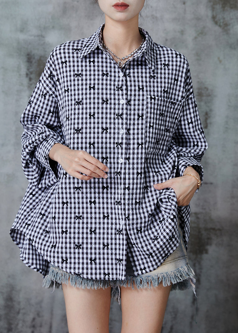 Grey Oversized Plaid Cotton Shirt Top Fall