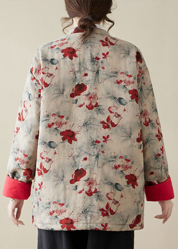 Print Button Pockets Thick Parka Stand Collar Winter