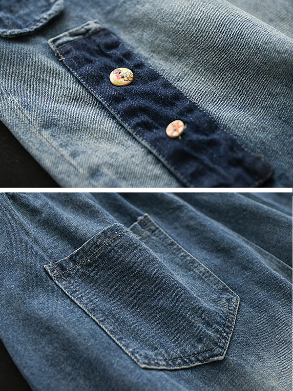Hollow Elasticity Applique Denim Ninth Pants