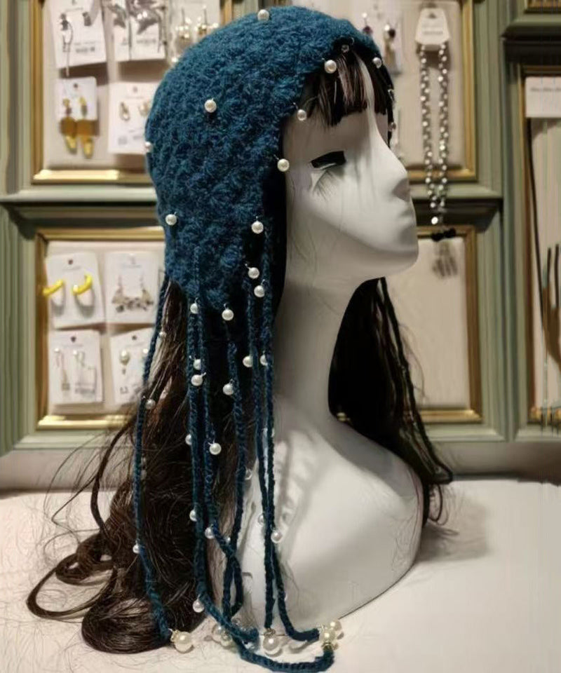 Blue Tassel Nail Bead Knit Bonnie Hat