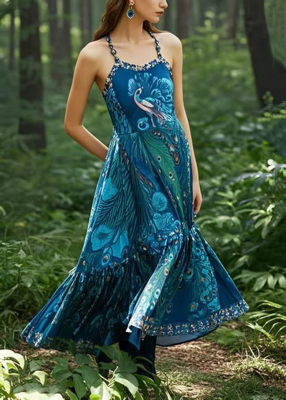 Peacock Blue Print Exra Large Hem Cotton Cami Dresses Summer