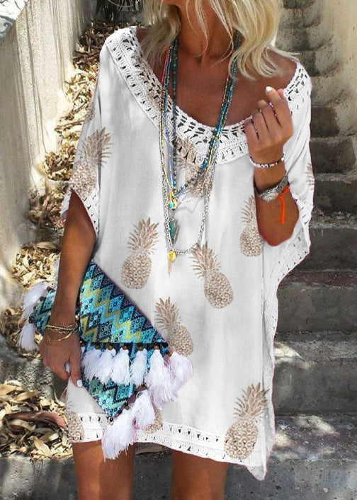 White V Neck Print Lace Patchwork Cotton Dresses Summer