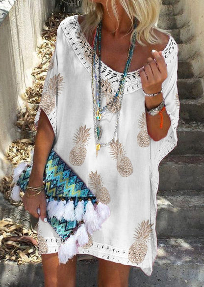 White V Neck Print Lace Patchwork Cotton Dresses Summer