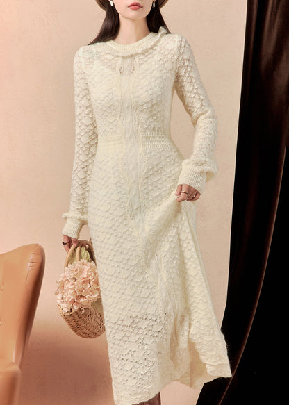 Slim Fit Beige Hollow Out Knit Long Dress Spring