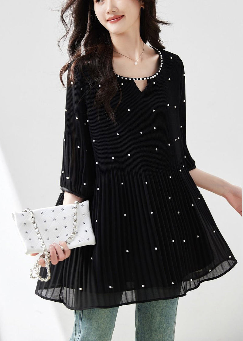 Modern Black O-neck Nail Bead Silk Top Half Sleeve