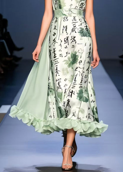 Light Green Print Exra Large Hem Silk Cami Dresses Sleeveless