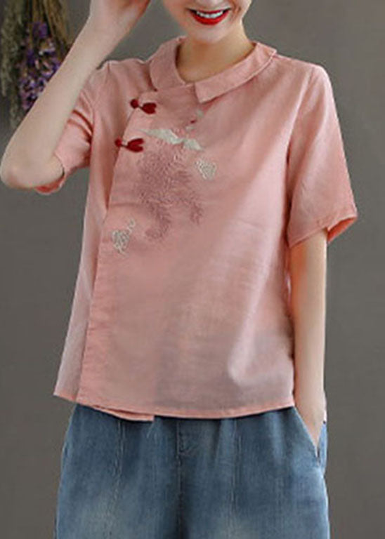 Pink Peter Pan Collar Embroidered Linen Blouse Tops Spring