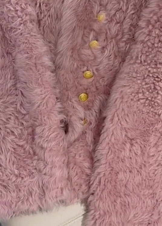 French Pink O-neck Button Faux Fur Coats Spring