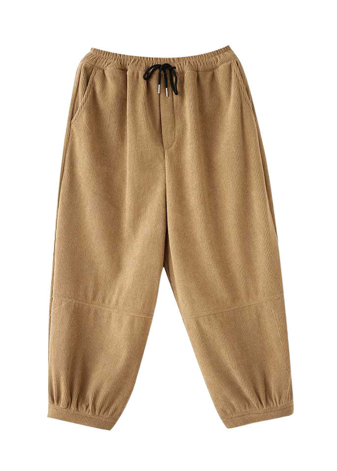 Red Pockets Elastic Waist Corduroy Warm Fleece Pants Spring