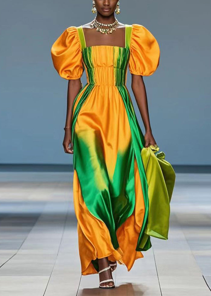 Yellow Puff Sleeve Tie Dye Silk Holiday Dress