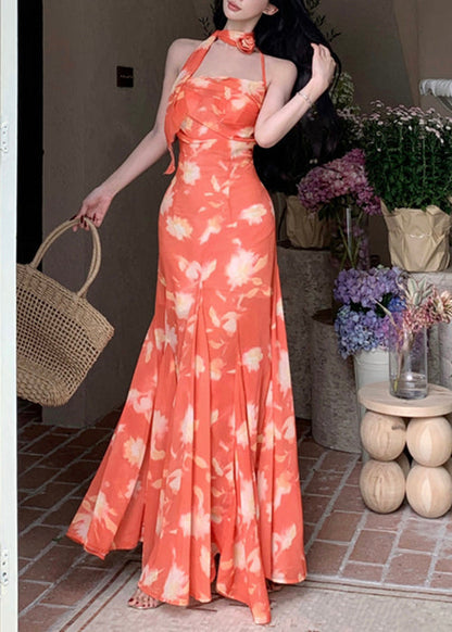 Novelty Orange Print Lace Up Chiffon Long Dresses Sleeveless
