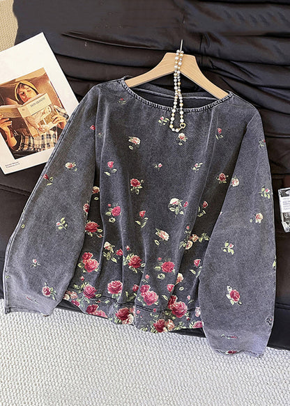 Grey O-neck Rose Print Cotton T Shirts Fall