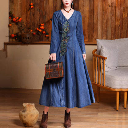 Navy V Neck Embroidered Button Long Denim Dresses Long Sleeve