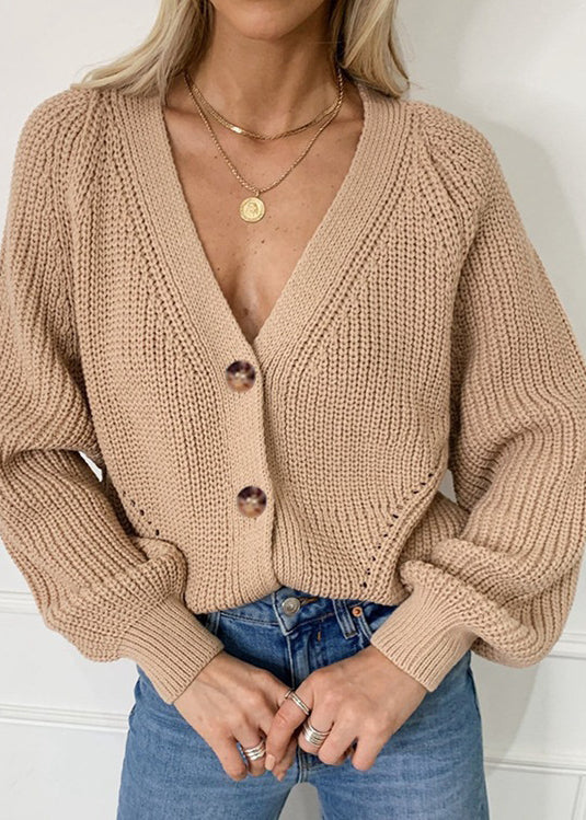Boutique Khaki V Neck Button Knit Cardigan Fall