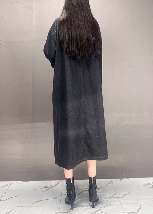Loose Black Hooded Print Denim Long Dress Fall