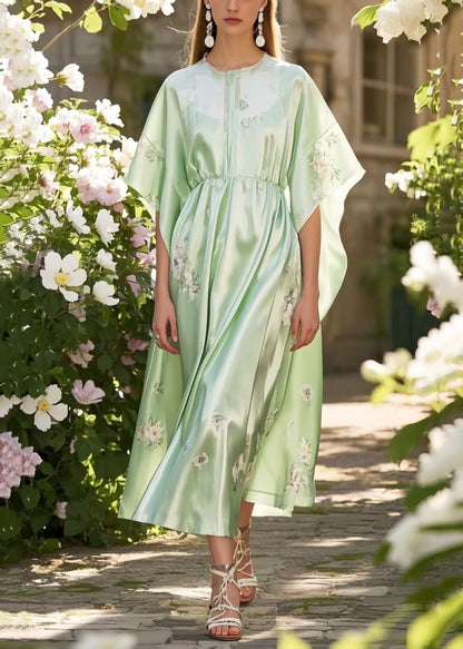 Classy Fruit Green Print Silk Holiday Dress Batwing Sleeve