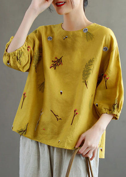 Yellow O-neck Embroidered Linen Tank Top Lantern Sleeve