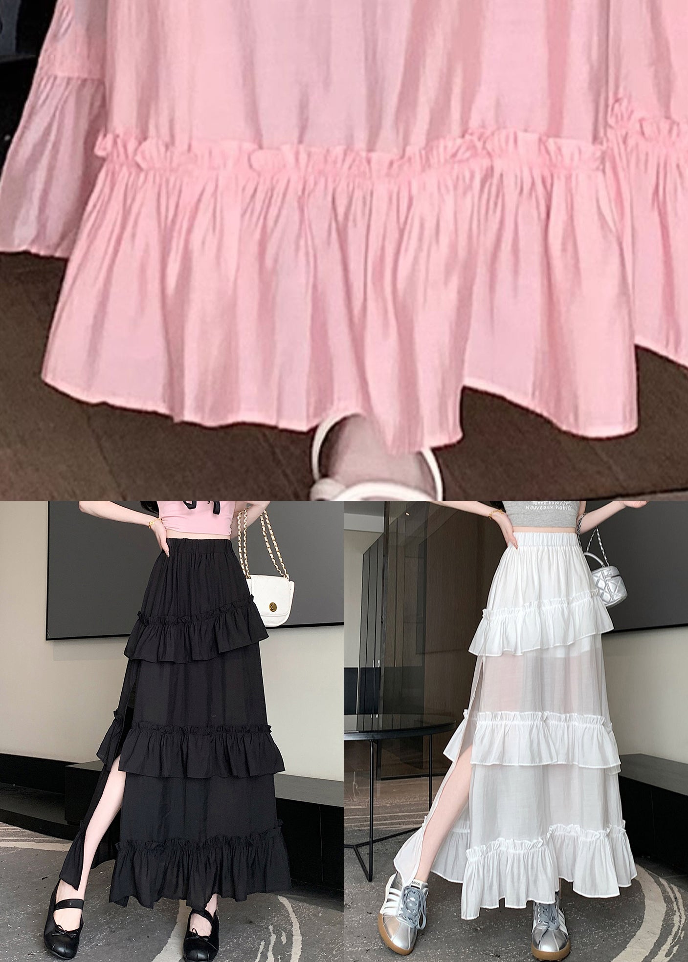 New Black Ruffled Elastic Waist Cotton Skirt Summer