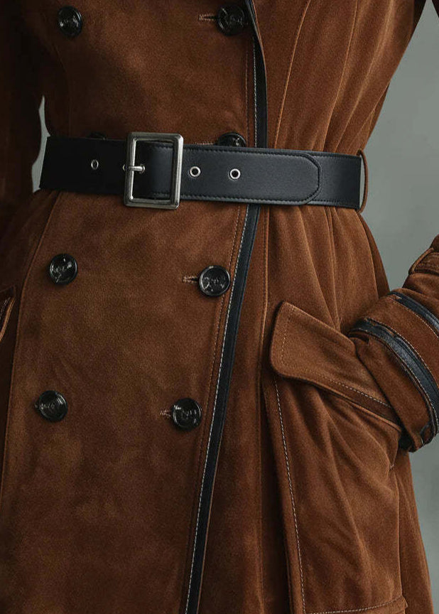 French Chocolate Peter Pan Collar Pockets Faux Suede Trench Fall