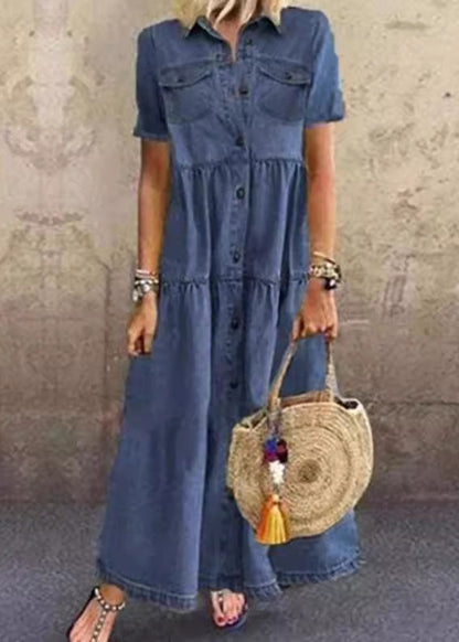 Loose Light Blue Peter Pan Collar Button Patchwork Denim Dresses Summer