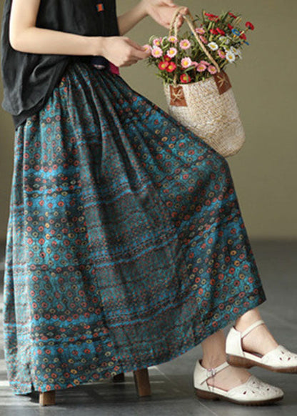 Blue Elastic Waist Print Patchwork Linen Skirts Summer