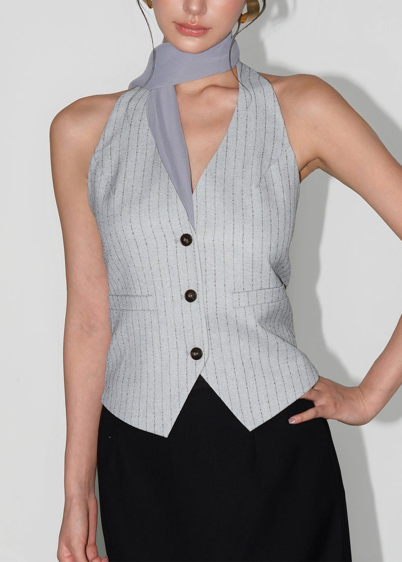 Navy V Neck Striped Button Vest Sleeveless