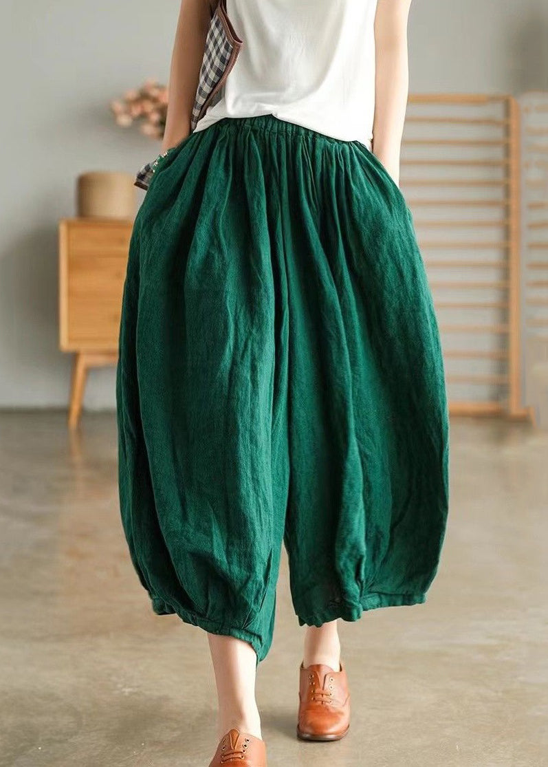 Green Pockets Linen Wide Leg Pants High Waist Summer