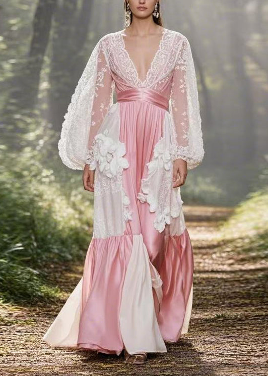 French Pink V Neck Lace Patchwork Silk Dress Spring