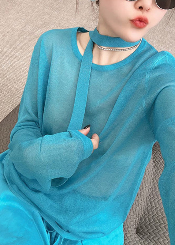 Stylish Blue O-neck Knit Toop and Wide Leg Pants Two Piece Set Fall