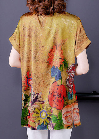 Yellow V Neck Original Design Print Side Open Silk Top Short Sleeve
