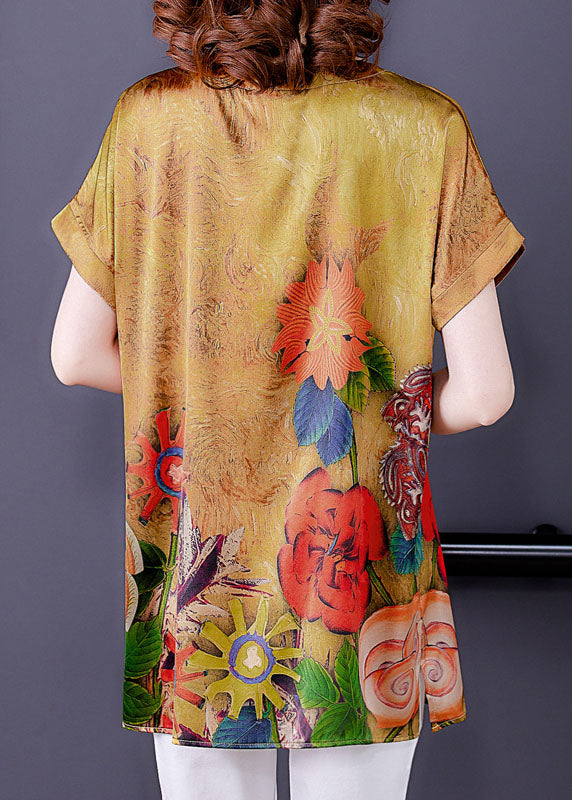 Yellow V Neck Original Design Print Side Open Silk Top Short Sleeve