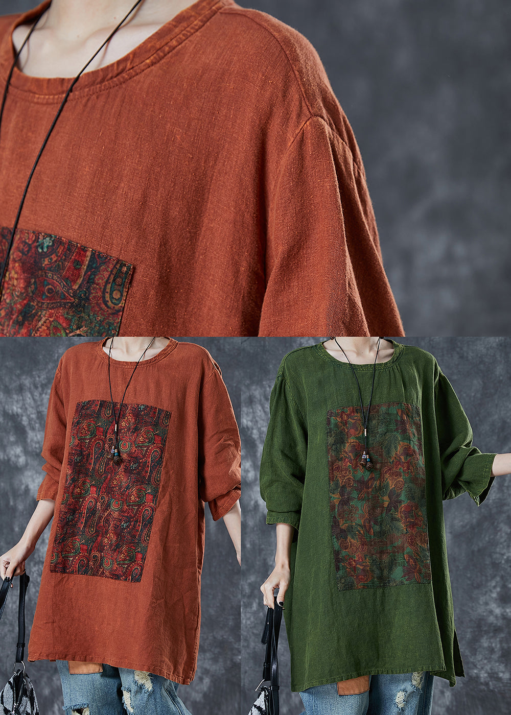 Green Print Linen Sweatshirts Top Oversized Fall