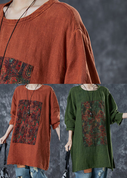Green Print Linen Sweatshirts Top Oversized Fall