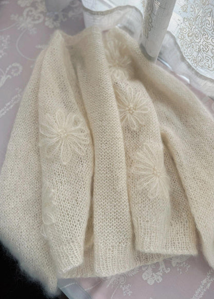 New Beige O Neck Mohair Knitted Cardigans Fall