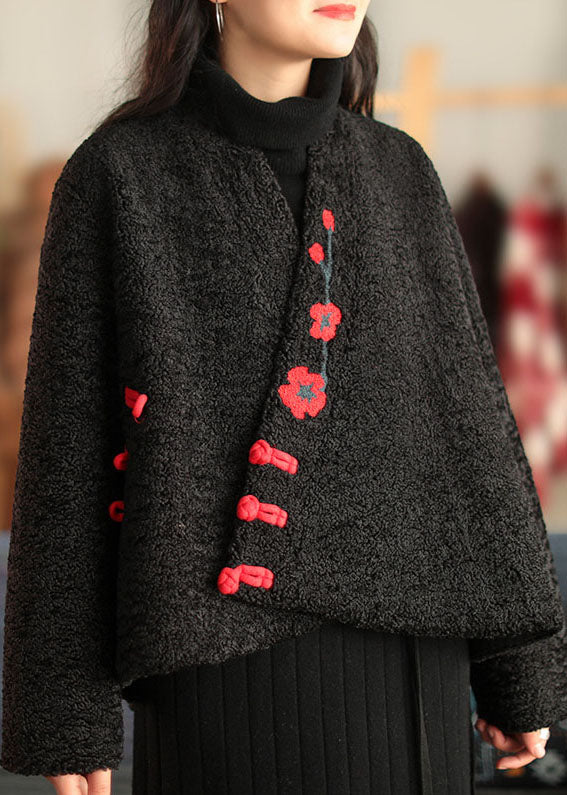 Chinese Style Black Button Embroidered Faux Fur Coats Long Sleeve