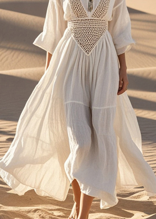 White Hollow Out Exra Large Hem Cotton Maxi Dress Fall