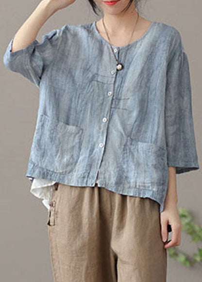 Blue O-neck Button Linen Shirt Top Bracelet Sleeve