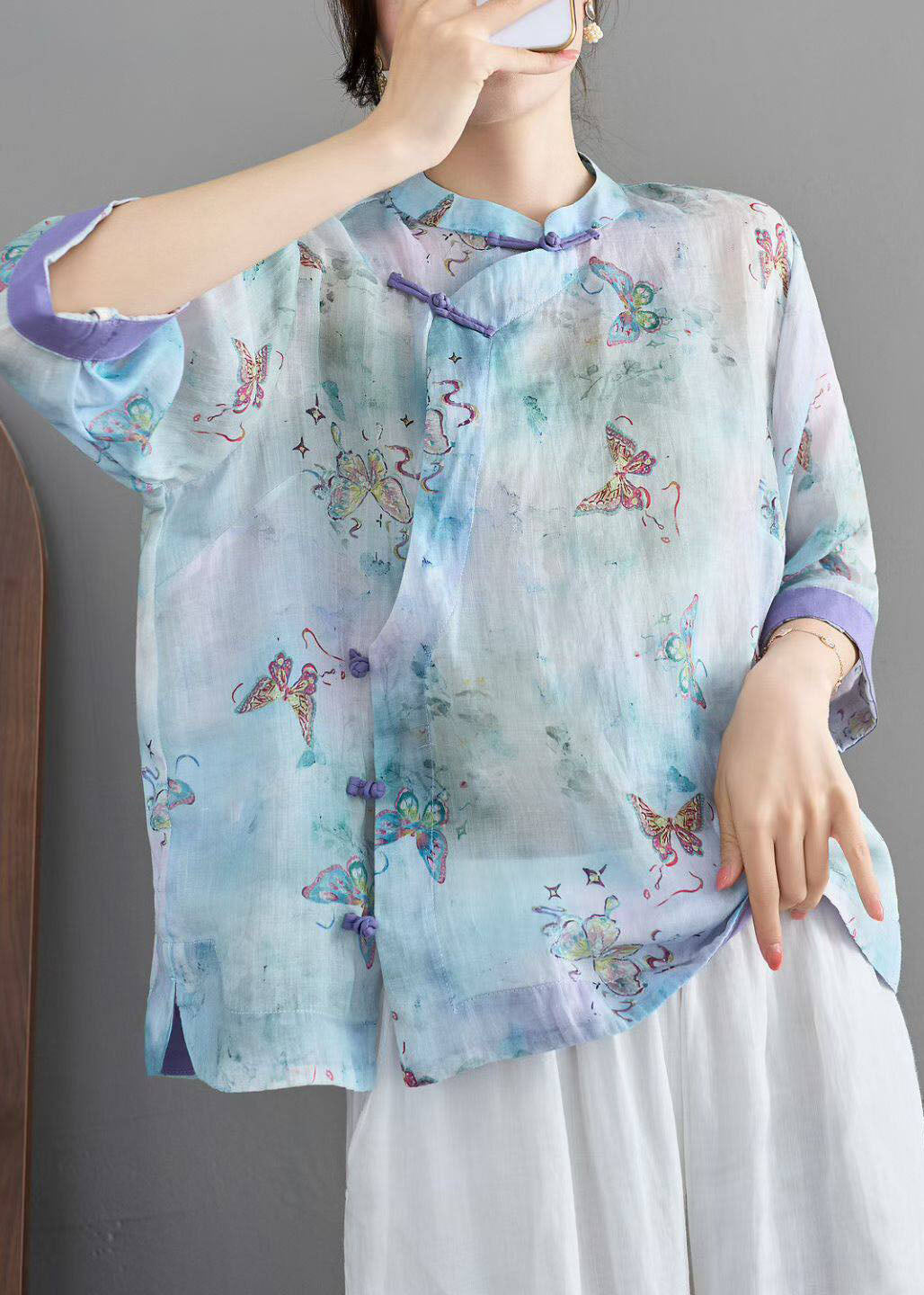 Blue Stand Collar Print Chinese Button Linen Shirt Summer