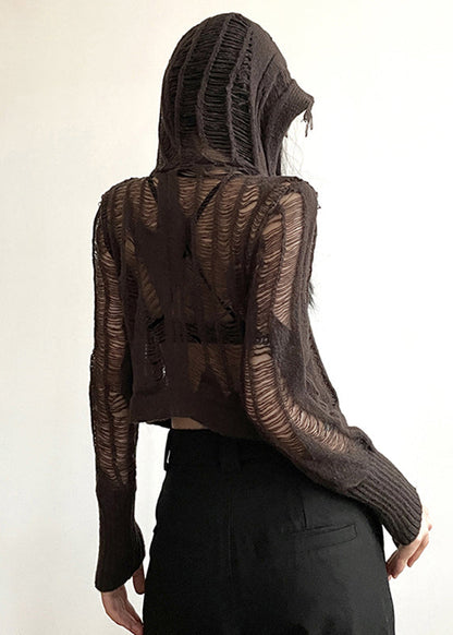 Handmade Coffee Hole Knit Hooded Top Long Sleeve