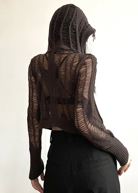 Handmade Coffee Hole Knit Hooded Top Long Sleeve