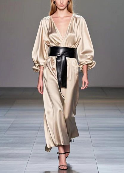 Champagne V Neck Cinched Silk Holiday Dress Fall