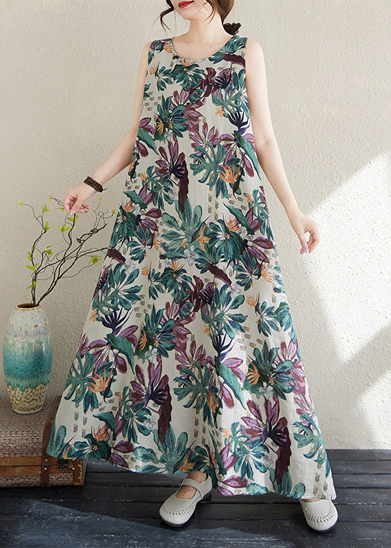 Print Exra Large Hem Cotton Loose Dress Sleeveless