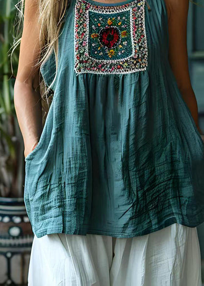 Blue O Neck Print Cotton Tank Top Sleeveless