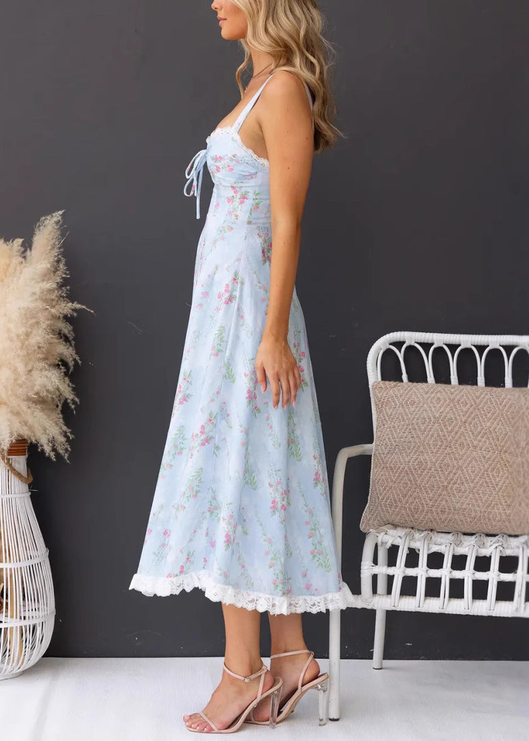 Slim Fit Light Blue Print Cotton Spaghetti Strap Dresses Summer